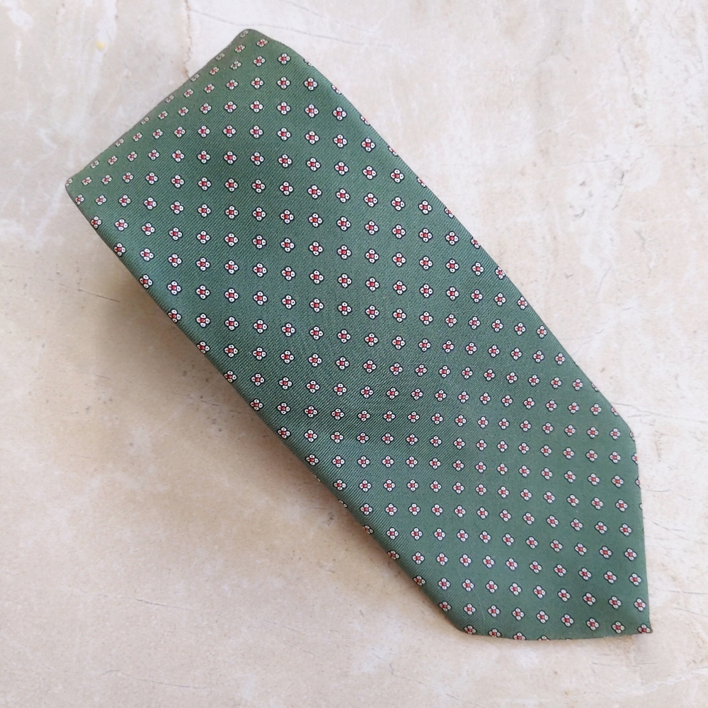 Vtg 70s Bill Blass Green Floral Polka Dot Silk Tie